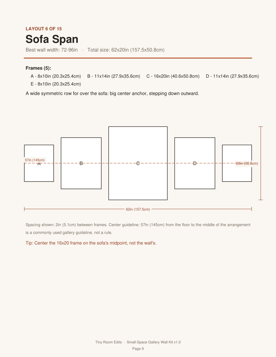 Sample gallery wall layout diagram with measurements
